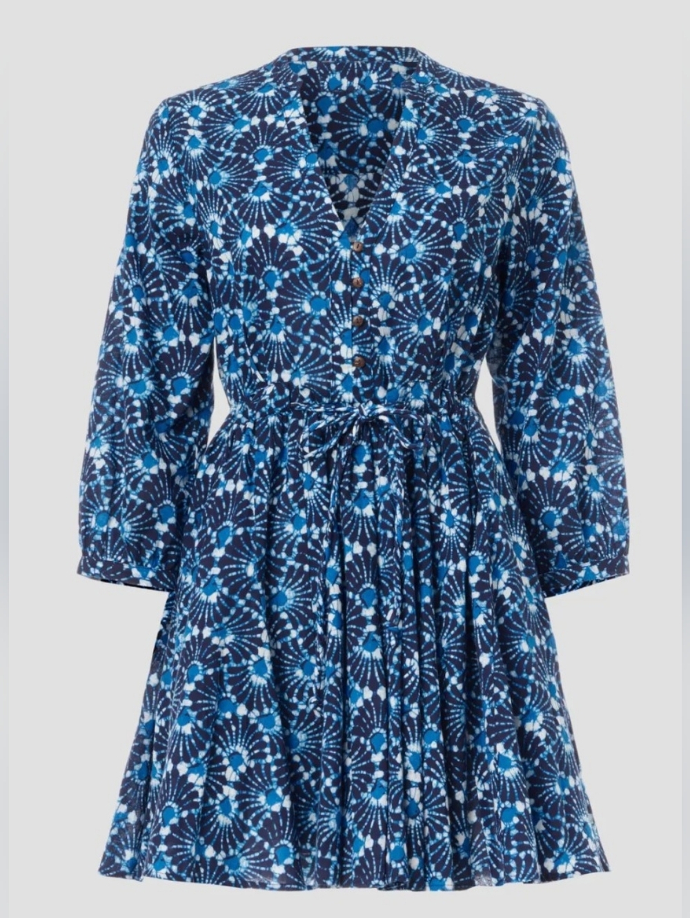 Xirena Jennings Blue Patterned V-Neck Tie-Waist Mini Dress W Pockets Size Large